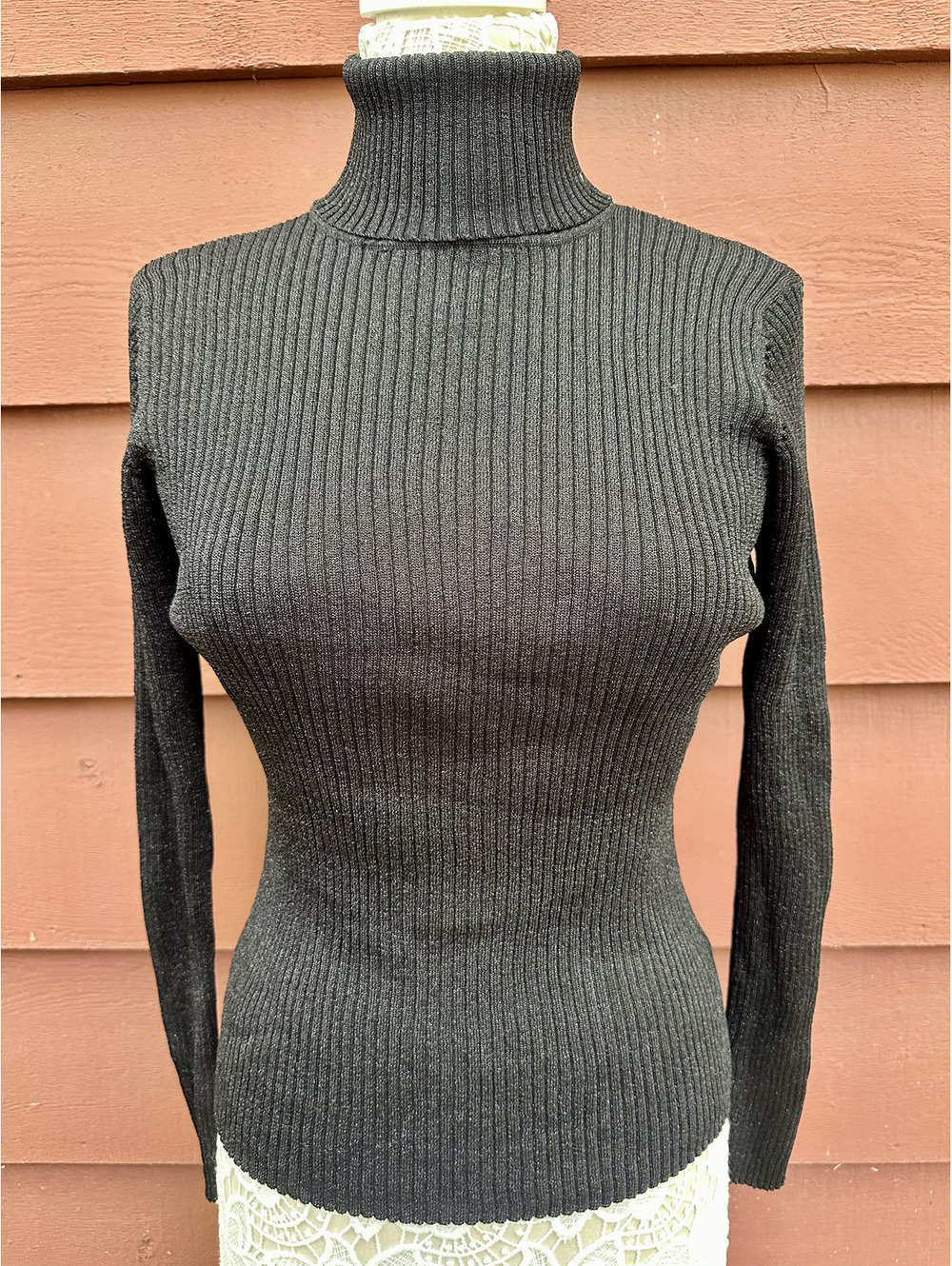 Joseph A Black Metallic Ribbed Knit Turtleneck Sweater Slim Fit Glam